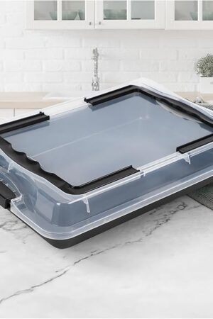 Ceramic-Coated Non-Stick Baking Pan with Carry Lid, 15inchx10inch Rectangular Cookie Sheets for Baking, Easy to Clean, Ovan Safe Baking Tray, Ideal for Party, and Outdoor Picnics (Black)