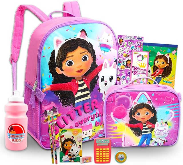 Gabby's Dollhouse Backpack & Lunch Box - Bundle of 16? Backpack, Lunch Bag, Water Bottle, Tattoos, More | Gabby's Dollhouse School Supplies