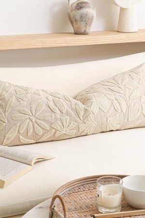 Cream Velvet Decorative Lumbar Pillow Cover 14x36, Floral Soft Long Body Pillow for Bed, Accent Lumbar Throw Pillow for Bedroom, Modern Farmhouse Textured Pillowcase
