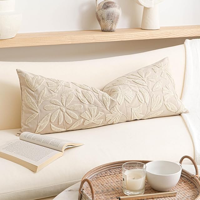 Cream Velvet Decorative Lumbar Pillow Cover 14x36, Floral Soft Long Body Pillow for Bed, Accent Lumbar Throw Pillow for Bedroom, Modern Farmhouse Textured Pillowcase