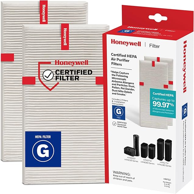 Honeywell HEPA Air Purifier Filter G, 2-Pack for HPA030/HPA080 & HPA180 Series. Airborne Allergen Air Filter Targets Wildfire/Smoke, Pollen, Pet Dander, and Dust