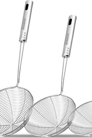 Anaeat Stainless Steel Spider Skimmer, Set of 3 Professional Kitchen Pasta Strainer Spoon with Long Handle - Asian Strainer Ladle Wire Skimmer Spoons for Cooking and Frying (4.5"+5.3"+6.1")