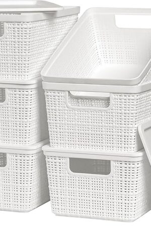 6 Pack Plastic Storage Baskets With Lids,White Breathable Stackable Storage Bins,Small Storage Containers,for Organizing Storage Baskets on Desktops,Closets,Playrooms,Classrooms,Offices