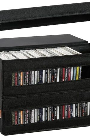 4 Packs CD Storage Box with Visible Window, Stackable CD Case Holder with Dustproof Lid and Handles, Holds Up to 148 CDs in Full Jewel Cases-15.75 x 6.10 x 5.31 Inches-Black