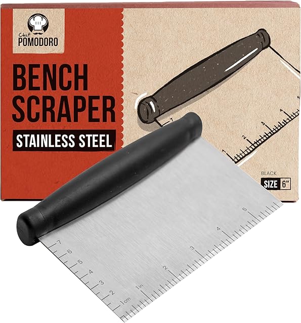 Chef Pomodoro Stainless Steel Bench Scraper 6" for Bread, Pizza and Pastry, Dough Scraper, Kitchen Scraper Tool, Sharp Edge Food Scraper Tool Kitchen, Heavy Duty Bench Knife, Nonslip Pastry Cutter