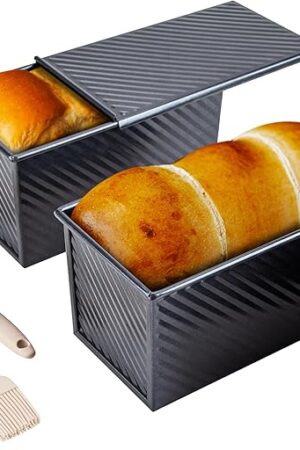 CARTMAN Bread Loaf Pan 2 Pack, 9x4 Pullman Loaf Pan with lid and a Silicone Spatula and Basting Pastry Brush, 1 lb Dough Capacity,Non-Stick Carbon Steel bread pans for homemade bread