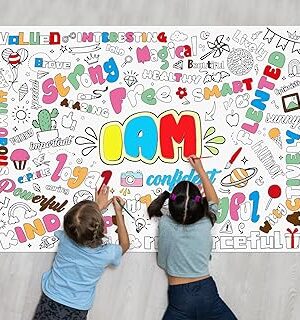 The PEUTIER Positive Affirmations Coloring Banner, 31.5x43.3in Giant Coloring Poster Large Coloring Paper Tablecloth for Kids Confidence Builder Classroom Activity Birthday Celebration Supplies