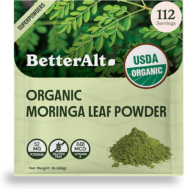 Better Alt Organic Moringa Powder, USDA Certified - Moringa Leaf Powder Perfect for Smoothie,Tea, Drinks & Recipes, Green Superfood, Moringa Oleifera Powder- 112 Servings 1 lb