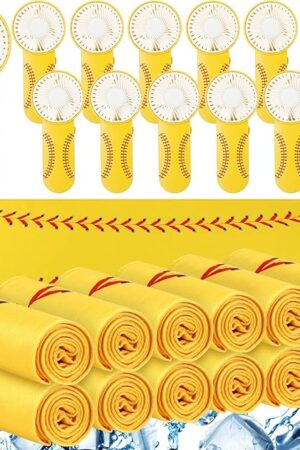 24 Pcs Sport Gifts, Includes 12 Pcs Cooling Towels 40"x12" Workout Towels, 12 Portable Fan Mini Handheld Fan for Team Gift Sport Party Favors, Battery Not Include(Yellow,Softball)