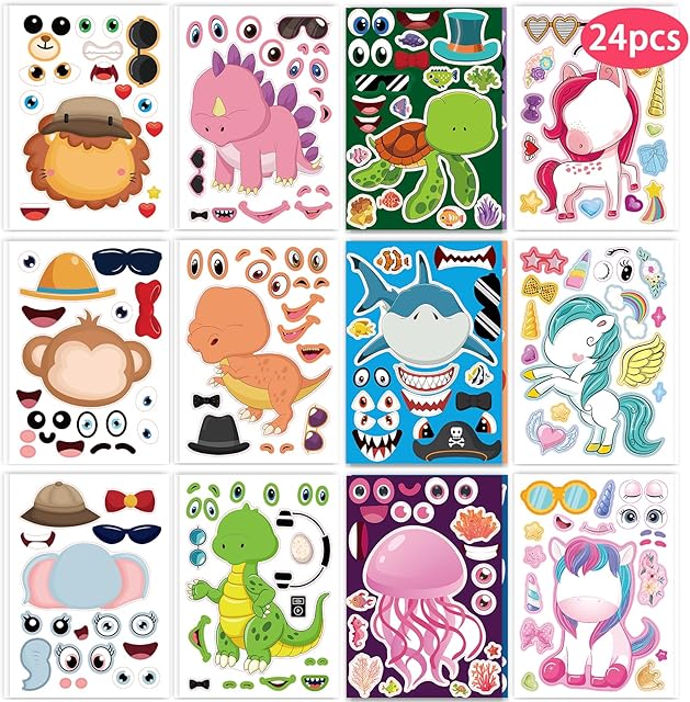 The 24 Pcs Make Your Own Sticker Sheets for Kids, Mix and Match Animal Face Stickers for Kids 3-5, 4-8, Toddlers Crafts Activities Gifts Goodie Bags Birthday Party Favors for Toddlers 2-4 Years