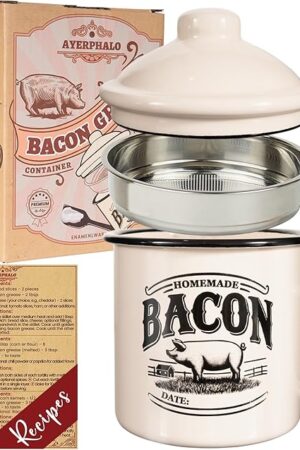 Bacon Grease Container with Strainer - With Food-Grade Silicone Spatula, 24oz Enamel Rustic Farmhouse Fat Container, Keeper, Recipes, Dishwasher Safe