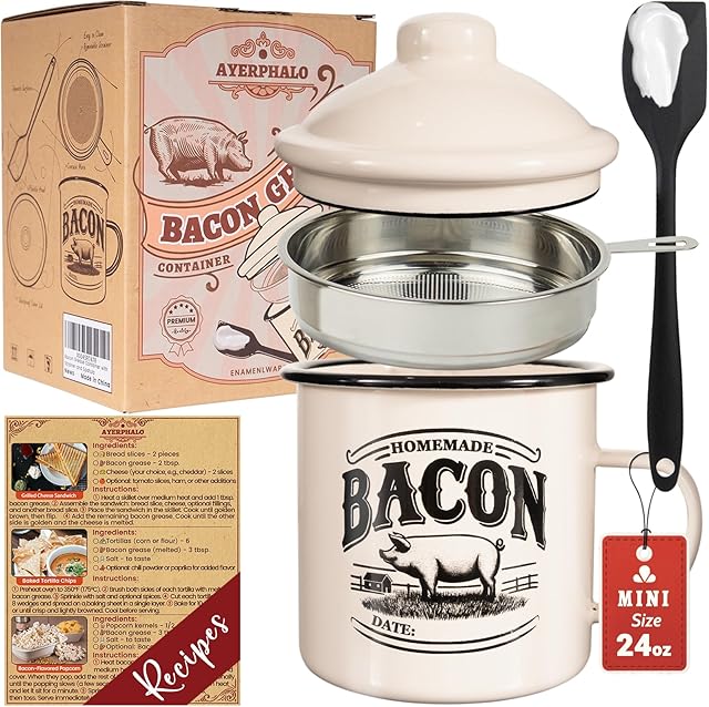 Bacon Grease Container with Strainer - With Food-Grade Silicone Spatula, 24oz Enamel Rustic Farmhouse Fat Container, Keeper, Recipes, Dishwasher Safe