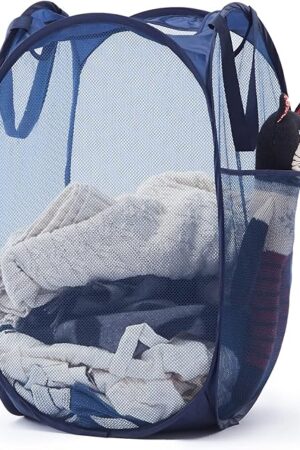 Collapsible Pop Up Laundry Basket, Hamper with Sturdy Handles and Side Pocket - Mesh Portable Foldable Dirty Clothes Hamper for Dorm, Laundry room, Bathroom and Travel Storage, Navy Blue