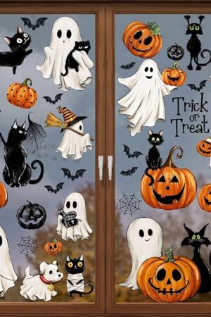 87 PCS Halloween Window Clings Ghost Decals Decor, Vintage Ghost Evil Pumpkin Bat Black Cat Reusable Window Stickers for Halloween Party Supplies Home Glass Decorations