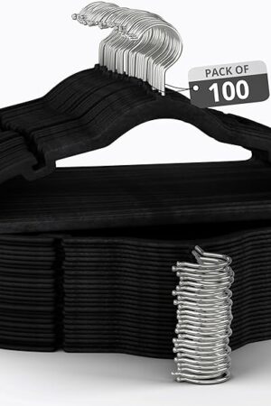 100 Pack Velvet Hanger for Shirt Pants Dresses Skirts Suits Jackets - Slim Space Saving Design - Standard Coat Hanger - Sturdy & Durable Design with Shoulder Grooves Hook - Black
