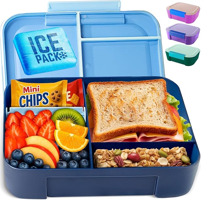 Leakproof Lunch Box – 3-Compartment Bento Box, Cooler Pack & Adjustable Divider, Extra Large & BPA-Free – Dishwasher Safe, Ideal for On-the-Go Meals, Navy & Blue