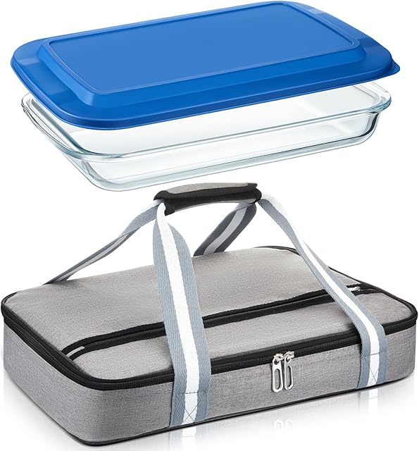 Glass Baking Dish with Lid Glass Casserole with Carrier 9 x 13 Inch Insulated Bag for Hot or Cold Food Deep Casserole Dish for Oven Potluck Party Picnic Cookouts
