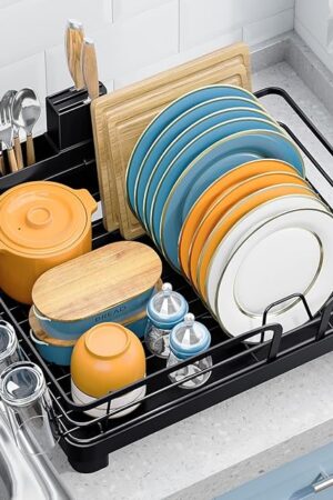 Dish Drying Rack for Kitchen Counter, Multifunctional Dish Drainer Rack, Kitchen Dish Rack, Sink Dishes Strainer, Plate Rack with Drain Board, Cup Holder, and Cutlery Holder,Medium Size Black