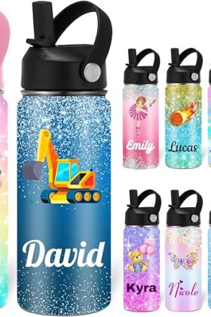 Custom Personalized Water Bottle for Kids Customized Water Bottles with Name Customizable Stainless Steel Insulated Cups 12/16/18/24/32/40 oz for School Girls Boys Toddler