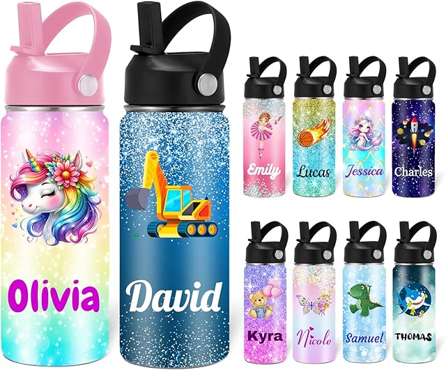 Custom Personalized Water Bottle for Kids Customized Water Bottles with Name Customizable Stainless Steel Insulated Cups 12/16/18/24/32/40 oz for School Girls Boys Toddler