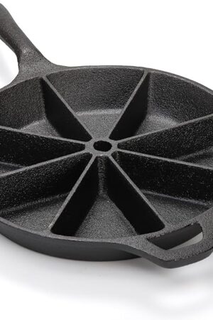 WUWEOT Cast Iron Wedge Pan, Round Corn Bread Skillet, 8-edges Biscuit Pan Mini Cake Pan with Long Handle for Scones, Corn Stick, Muffins, Cupcakes and Brownies