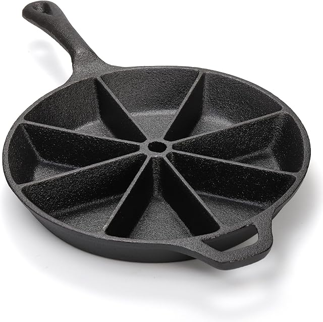 WUWEOT Cast Iron Wedge Pan, Round Corn Bread Skillet, 8-edges Biscuit Pan Mini Cake Pan with Long Handle for Scones, Corn Stick, Muffins, Cupcakes and Brownies