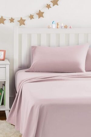 Amazon Basics Kid's Soft Easy-Wash Lightweight Microfiber 4-Piece Sheet Set, Full, Light Pink, Solid