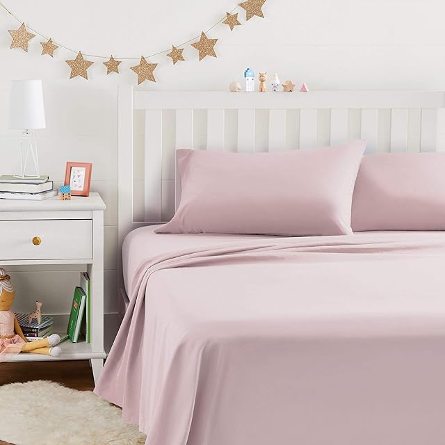 Amazon Basics Kid's Soft Easy-Wash Lightweight Microfiber 4-Piece Sheet Set, Full, Light Pink, Solid