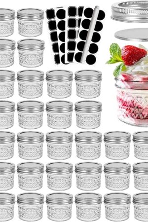 CycleMore 40 Pcs 4oz Clear Glass Mini Mason Jars With Silver Separable Lids and Diamond appearance, Small Spice Canning Jars for Honey, Jam, Jelly, Wedding Favors, Kitchen Food Storage
