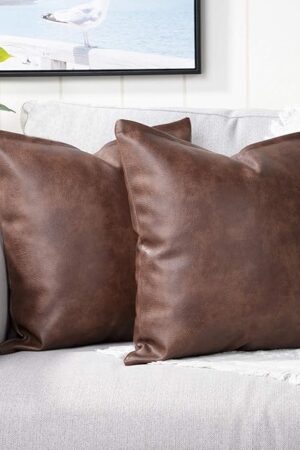 Yaertun Set of 2 Faux Leather Decorative Throw Pillow Covers Modern Solid Outdoor Cushion Cases Luxury Pillowcases for Couch Sofa Bed 18x18 Inches Dark Brown