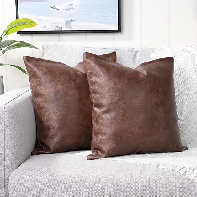 Yaertun Set of 2 Faux Leather Decorative Throw Pillow Covers Modern Solid Outdoor Cushion Cases Luxury Pillowcases for Couch Sofa Bed 18x18 Inches Dark Brown