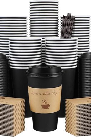 100 Pack 16 oz Coffee Cups with Lids, Disposable To Go Paper Coffee Cups with Sleeves and Stirring Sticks for Hot/Cold Drinks Office Home Shop Event (Black)