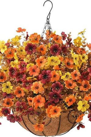 Artificial Fake Hanging Baskets Fall Flowers for Outdoors Decoration, Faux Silk Mums Plants UV Resistant Look Real Outside Yard Patio Front Porch Garden Balcony Home Autumn Decor (Orange Yellow Brown)
