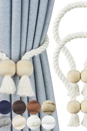 2 Pack Magnetic Curtain Tiebacks Cotton Hand Woven Tie Back Decorative Rope Holdbacks for Curtains Draperies No Tools Required, Cream