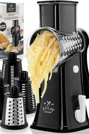 Zulay Kitchen Rotary Cheese Grater 5 Blade Cheese Shredder - Manual Hand Crank Cheese Grater With Reinforced Suction & 5 Interchangeable Drums - Easy to Use, Vegetable Chopper Round Mandoline Slicer