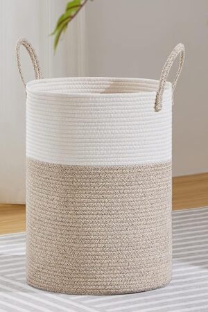VIPOSCO Large Laundry Hamper, Tall Woven Rope Storage Basket for Blanket, Toys, Dirty Clothes in Living Room, Bathroom, Bedroom - 58L White & Brown