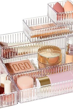 Vtopmart 7 PCS Clear Drawer Organizers Bins, 4-Size Stackable Makeup and Vanity Drawer Organizer Trays, Acrylic Bathroom Drawer Storage Containers for Cosmetic, Office Supply, Kitchen Utensils Gadgets