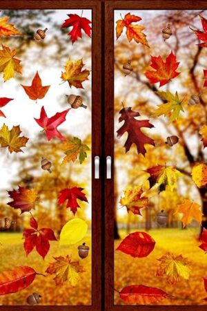 VEYLIN 6 Sheets 200Pcs Thanksgiving Window Clings, Autumn Maple Leaves Windows Static Stickers for Thanksgiving Day Window Decoration