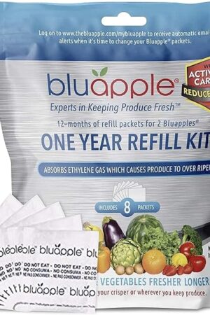 Bluapple Produce Saver Ethylene Gas Absorber 1 Year Refill Kit with Activated Carbon - 8 Packets (9 Grams Classic + 4 Grams of Carbon Each) - Keeps Fruits & Vegetables Fresher Longer, Produce Storage