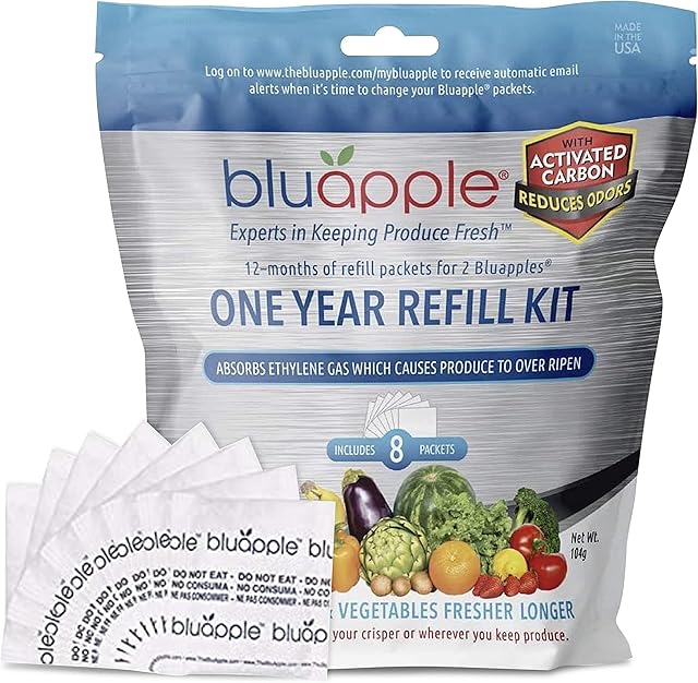 Bluapple Produce Saver Ethylene Gas Absorber 1 Year Refill Kit with Activated Carbon - 8 Packets (9 Grams Classic + 4 Grams of Carbon Each) - Keeps Fruits & Vegetables Fresher Longer, Produce Storage