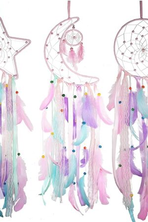3 Pack Pink Star Moon Sun Dream Catcher - Girls Wall Decor for Bedroom, Girl's Room Hanging Decor, Boho Wall Art for Girls Bedroom, Teen Girl Room Decor