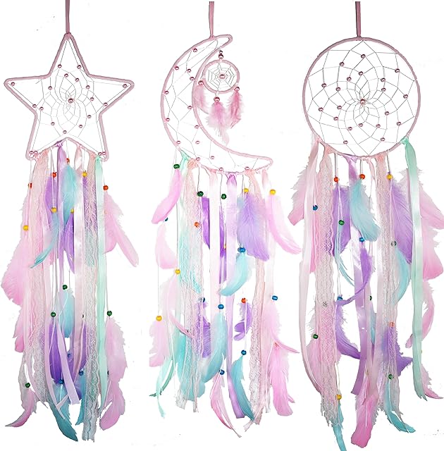 3 Pack Pink Star Moon Sun Dream Catcher - Girls Wall Decor for Bedroom, Girl's Room Hanging Decor, Boho Wall Art for Girls Bedroom, Teen Girl Room Decor