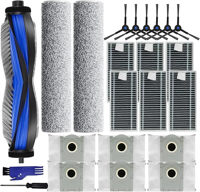 23Pcs Replacement Parts for Ecovacs Deebot X8 PRO Omni/Yeedi S14 Plus Robot Vacuum Cleaner Accessories Kit: 1 Main Brush,2 Roller Mop Pads,6 Filters,6 Side Brushes,6 Dust Bags,2 Tools
