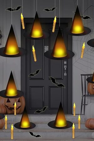 Black Halloween Witch Hat with Light Floating Light Up Witch Hats with Flameless Taper Candles (with Common Remote) 3D Bats Wall Stickers Decorations Witch Costume Accessory for Halloween Party
