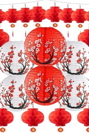 26 Pcs Hibachi Party Decorations Contains 6 Japanese Lanterns with Cherry Blossom Patterns, 20 Chinese Red Lanterns for Chinese New Year Home Restaurant Hibachi Party Japanese Restaurant
