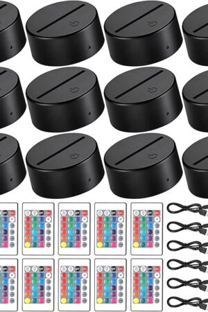 12 Sets 3D Night LED Light Lamp Base 16 Colors LED Light Display Base with Remote Control USB Cable for Acrylic and Resin Glass for Restaurant Room(3.35 Inch,Black)