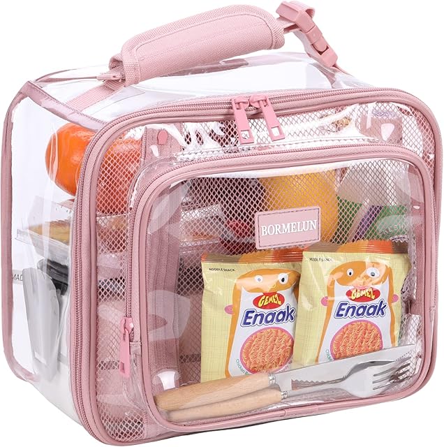 Clear Lunch Bags for Women Work Transparent Stadium Concert School approved Corectional officer with Handle Tote Plastic See through,pink (11x9x6 inches)