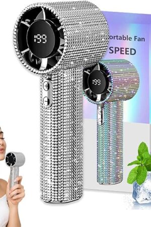 DDRIC Diamond Portable Fan, Portable Handheld Turbo Fan - Fashion Full Diamond, 1800mAh Mini Personal Fans USB Rechargeable With Digital Display for Outdoor, Travel, Office, Gift (Silver)
