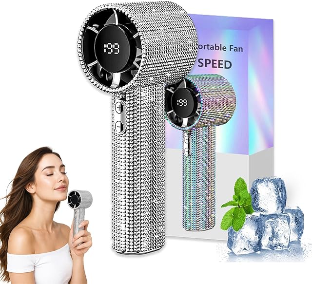 DDRIC Diamond Portable Fan, Portable Handheld Turbo Fan - Fashion Full Diamond, 1800mAh Mini Personal Fans USB Rechargeable With Digital Display for Outdoor, Travel, Office, Gift (Silver)