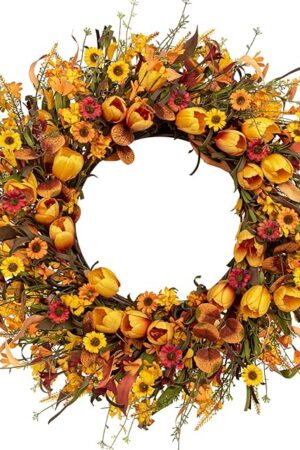 22 Inch Fall Wreath Artificial Autumn Wreaths for Front Door Orange Tulip Wreath with Forsythia Daisy and Berries for Indoor Outdoor Harvest Thanksgiving Holiday Celebration